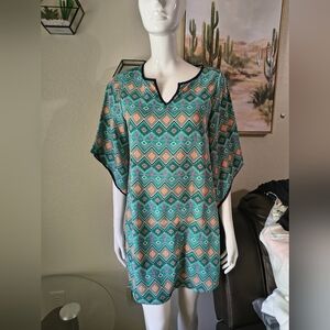 mahina Teal and Coral Geometric Tunic